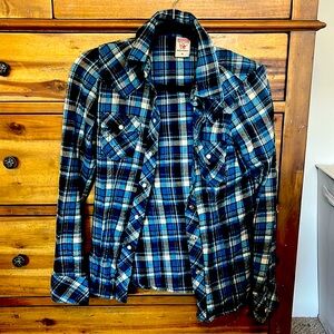 True Religion flannel, size xs, blue/black/gray/white